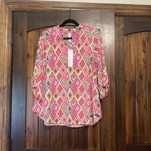 Vibrant Pink Geometric Roll-Tab Blouse